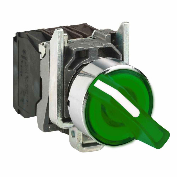XB4 Select Sw 22mm Illum Met Green 2pos Stay Put 240V 1NO1NC