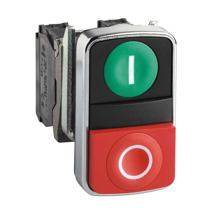 XB4 Pbutton Dbl 22mm Green Flush I + Red Projecting O 1NO1NC