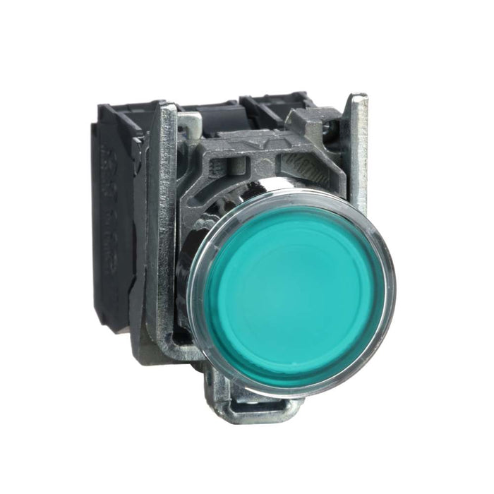 XB4 Pbutton Illum Flush Spring Ret 22mm Green 120VAC 1NO/NC