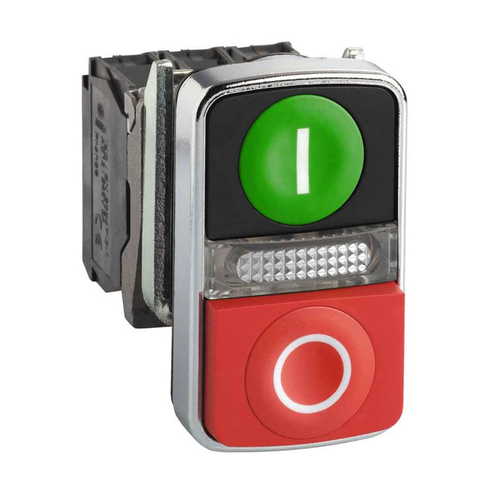 XB4 Pbutton Ill Dbl 22mm Green I Red O Pilot Lt 240V 1NO/1NC