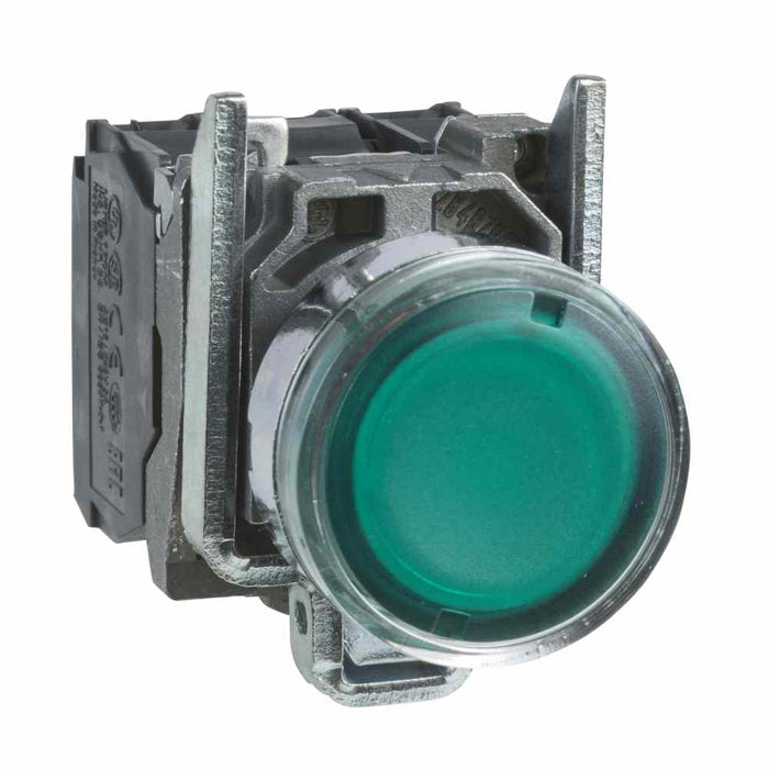 XB4 Pbutton Illum Flush Spr Ret 22mm Green 240VAC 1NO/NC