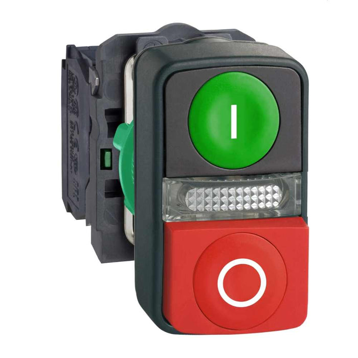 XB5 Pbutton Dbl Ill 22mm Green Fl I+Pilot+Red O 240V 1NO1NC