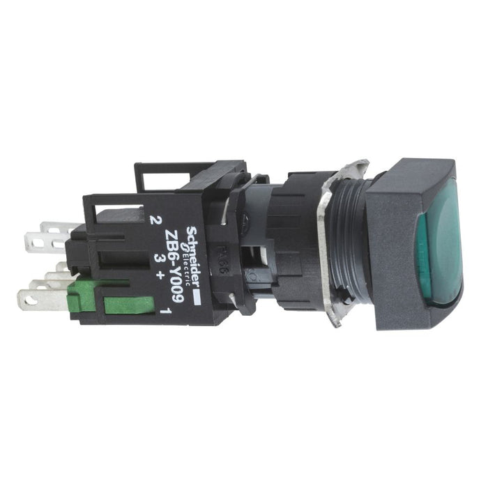 XB6 Pbutton Sq Illum Flush Spring Ret 16mm Green 1NO 12-24V