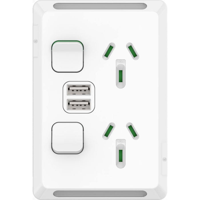 Pro Series Sw Socket 10A Double Vert 2 Extra USB Chargers