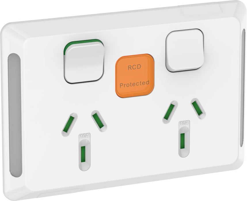 Pro Series Sw Socket 10A Double Horiz RCD Prot White