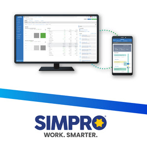 Computer monitor and smartphone displaying SIMPRO software on a white background with SIMPRO logo.