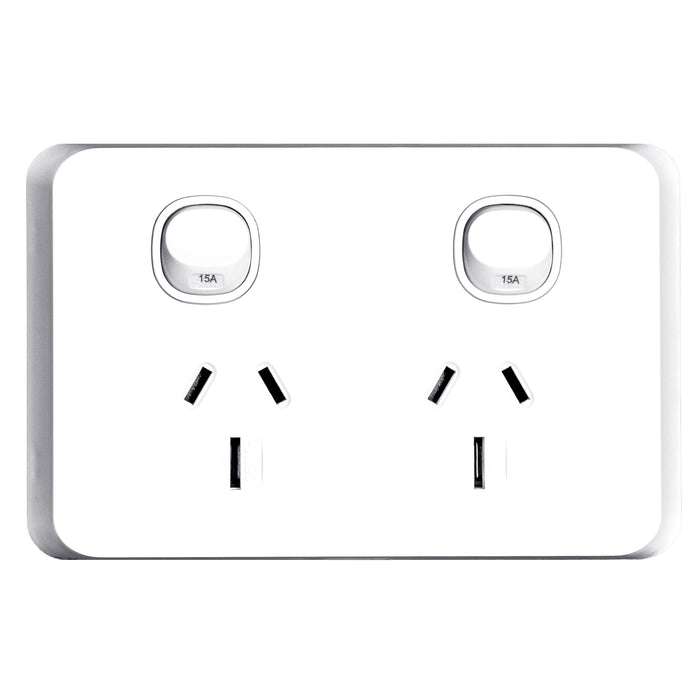 Sleek Switch Socket Double 15A Horizontal