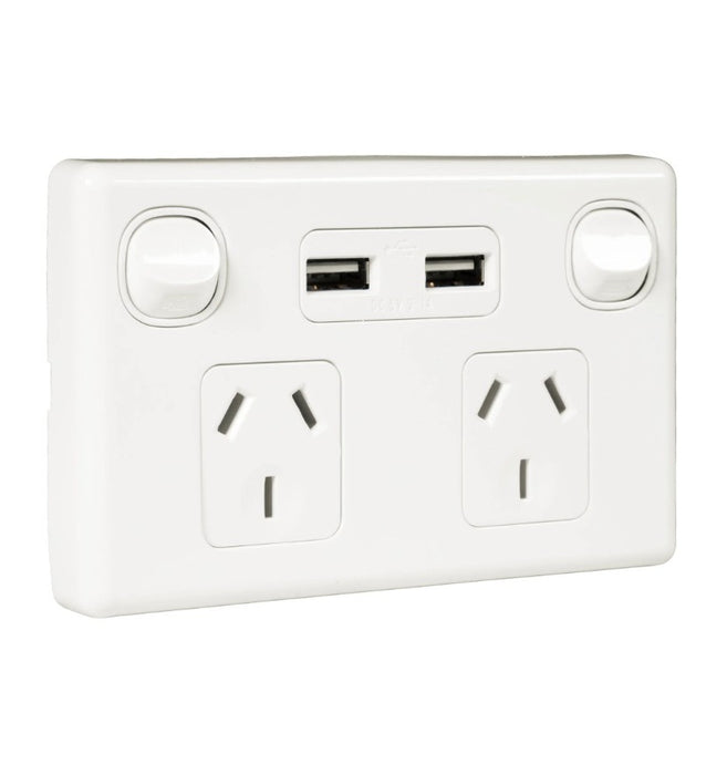 Switch Socket Double 10A Horizontal 2x USB-A Bright White