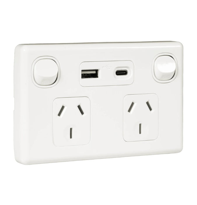 Switch Socket Double 10A Horizontal 1x USB-A/C Bright White