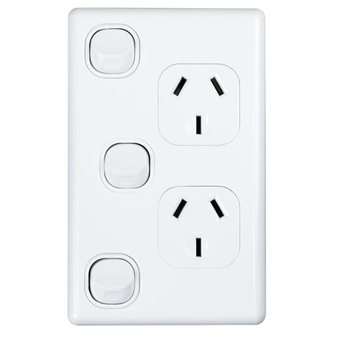 Switched Socket Double 10A Vertical 1x Switch Bright White