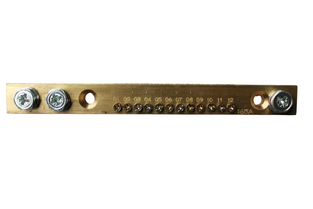 Busbar E/Neut 176mm 12-Tunnel 165A Sgl Screw 3 x M8