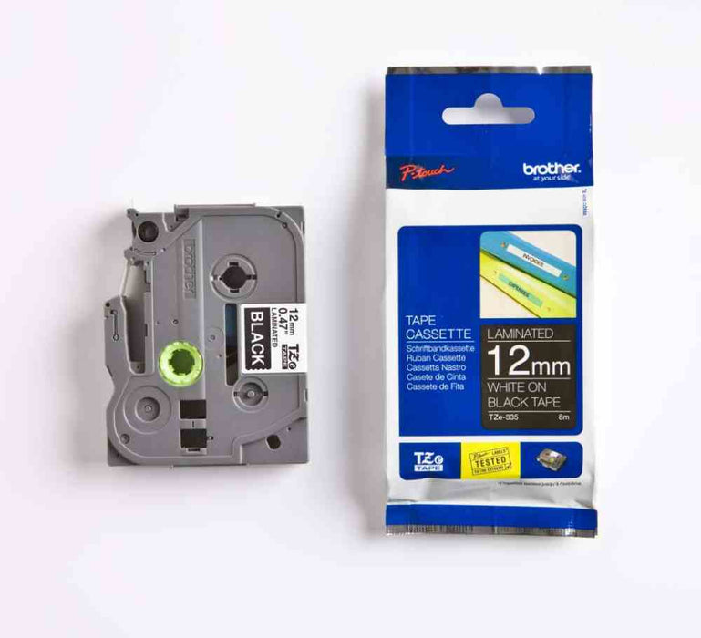 Laminated Tape White on Black 8m x 12mm