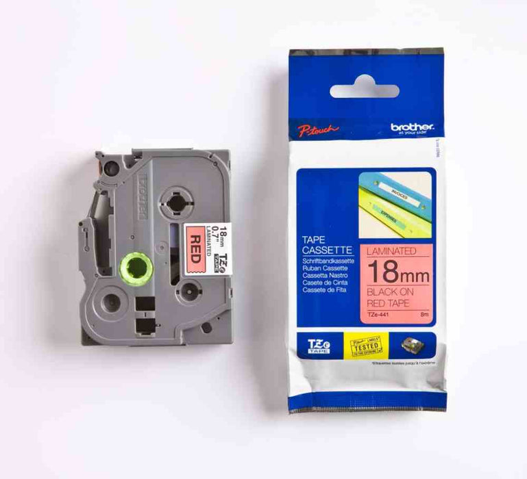 Laminated Tape White on Red 8m x 18mm