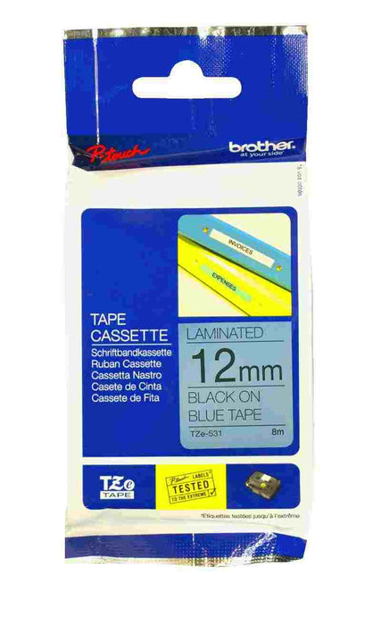 Laminated Tape Black on Blue 8m x 12mm