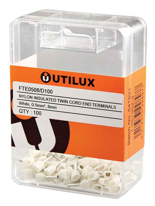 Bootlace Ferrule 0.5mm 8mm Twin White (Pkt100)