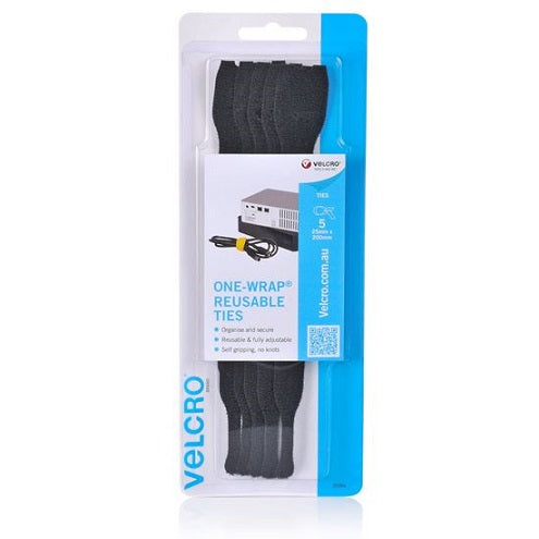 Velcro One-Wrap Tie 25mm x 200mm Black (PKT5)