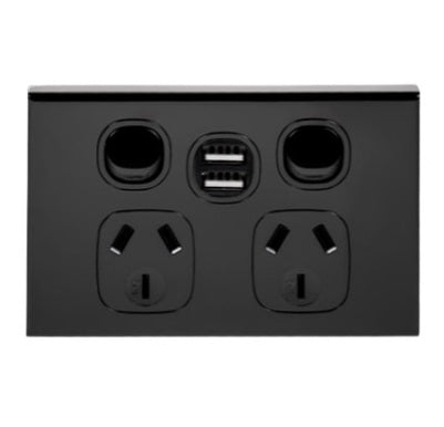 Home Logix Switch Socket Double Horizontal + 2USB Black