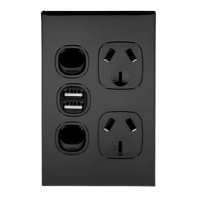 Home Logix Switch Socket Double Vertical + 2USB Black