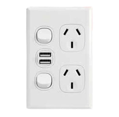 Home Logix Switch Socket Double Vertical + 2USB White