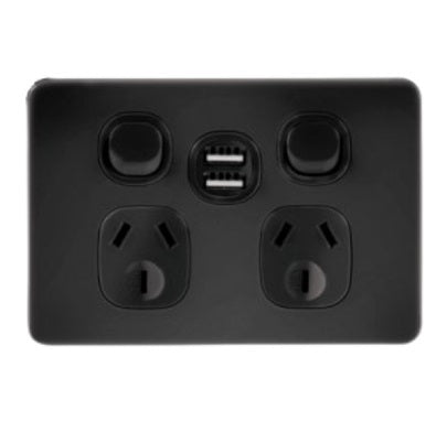 Metro Switch Socket Double Horizontial +2USB 10A Black