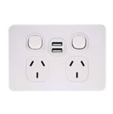 Metro Switch Socket Double Horizontial +2USB 10A White