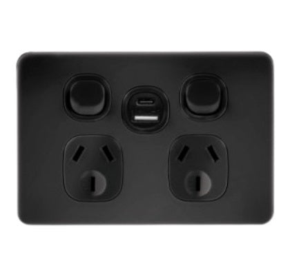 Metro Switch Socket Double Horizontial +USB A/C 10A Black