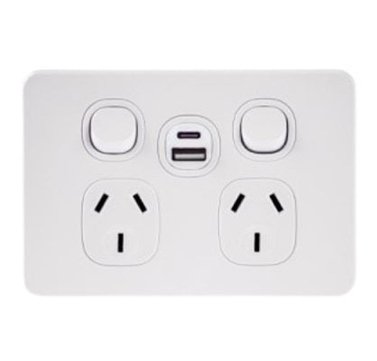 Metro Switch Socket Double Horizontial +USB A/C 10A White
