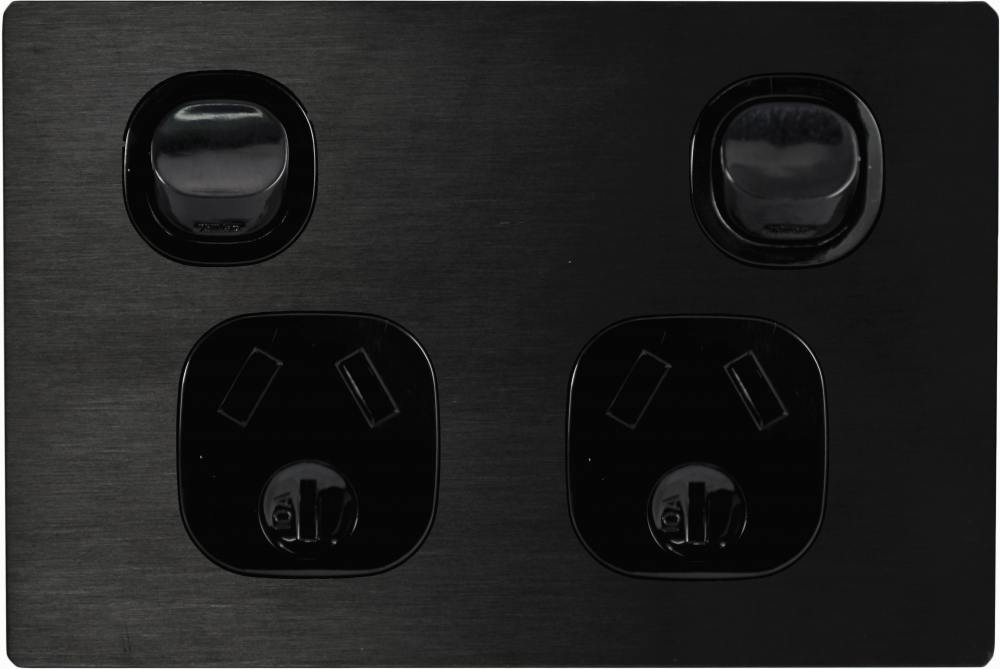 Fusion Switched Socket Double Horizontal Black Metal