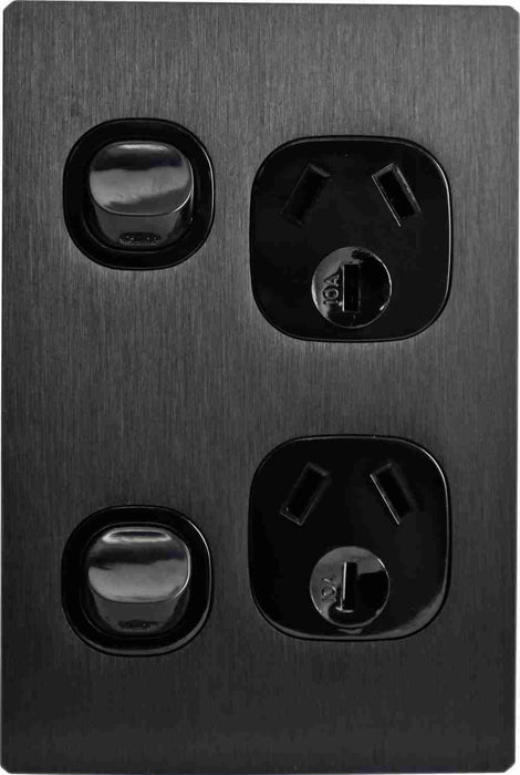 Fusion Switched Socket Double Vertical Black Metal