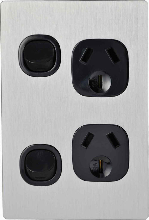 Fusion Switched Socket Double Vertical Black Silver Metal