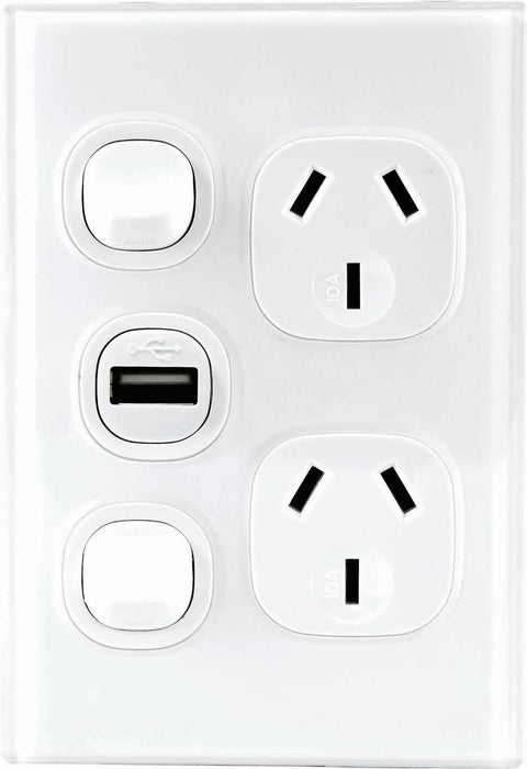 Fusion Switched Socket Double Vertical USB Port White