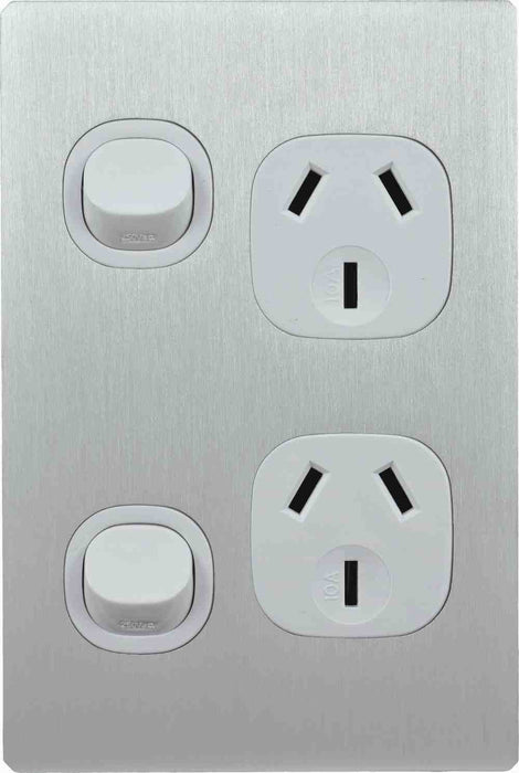 Fusion Switched Socket Double Vertical White Silver Metal