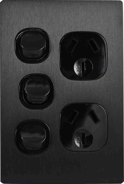 Fusion Switched Socket Double Vertical Extra Sw Blk Metal